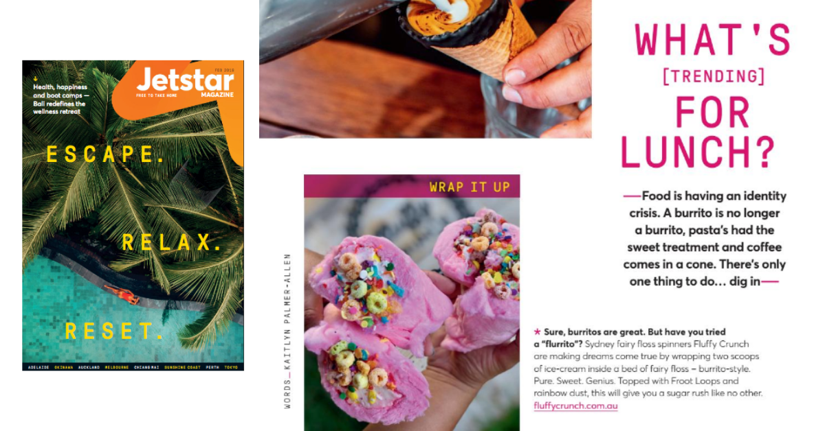 Fluffy Crunch Fairy Floss Flurrito Jetstar Australia magazine Feb 2019